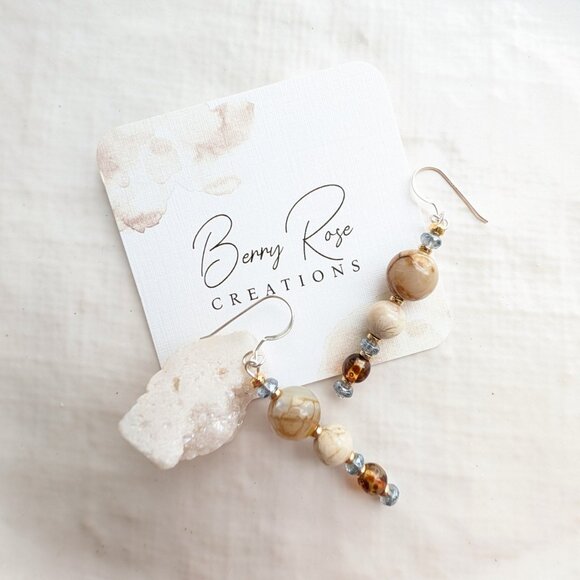 Sterling Silver Tan and Blue Agate Drop Dangle Earrings - Picture 5 of 8